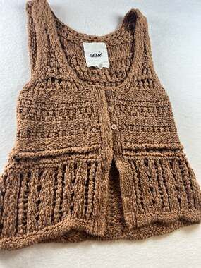 Aerie Women's Brown Crochet Button-Down Sweater Vest Boho